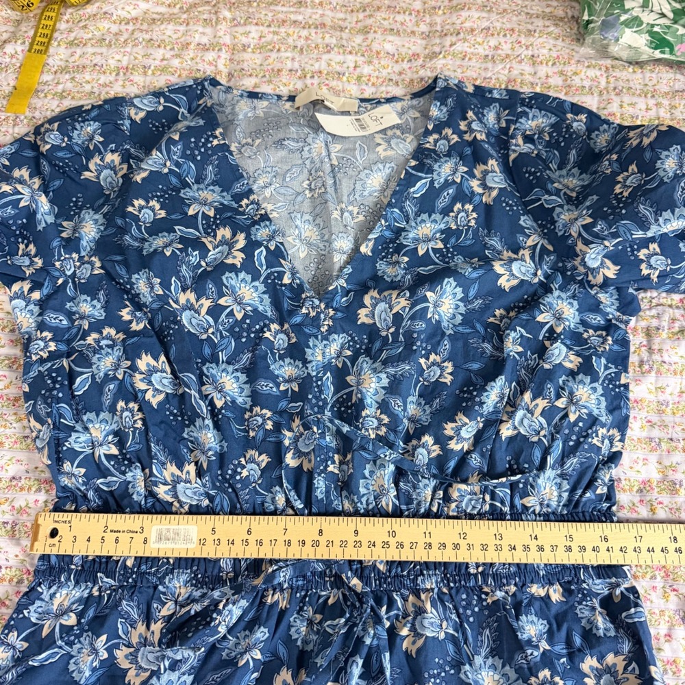 LOFT Blue Cotton Blend Floral Tiered Maxi Dress Long Sleeve V-Neck Boho L NWT - Picture 11 of 12